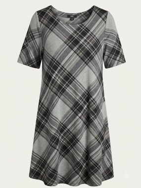 R&K Gray and Black Plaid Short Sleeve A-Line Dress